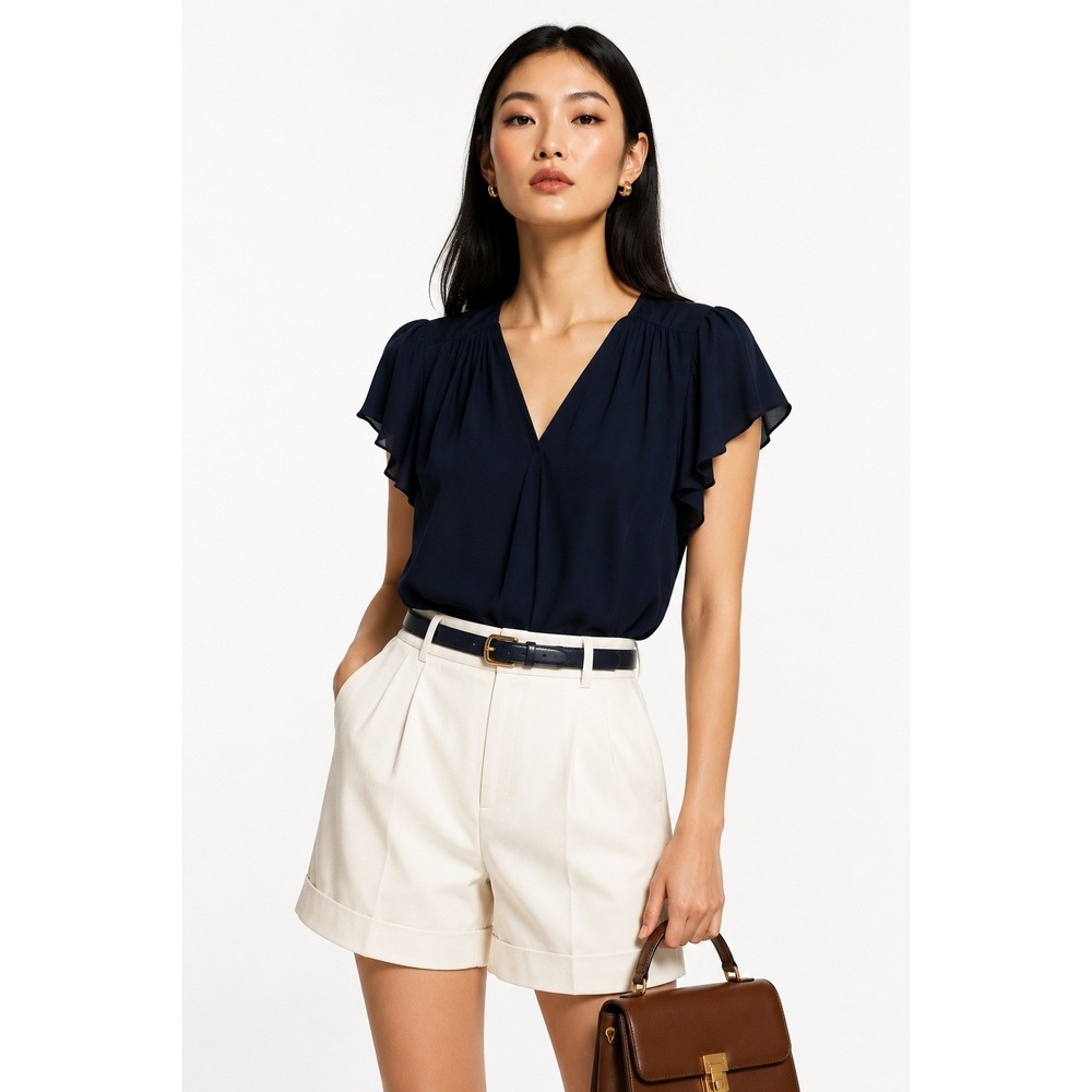 Les‎ Serein Jenna Flutter Sleeve Blouse Navy Blue V-Neck Pleated Top Small NEW
